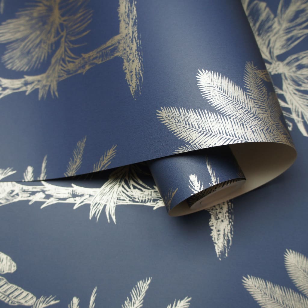 DUTCH WALLCOVERINGS Tapete Tropische Bäume Marineblau und Silbern