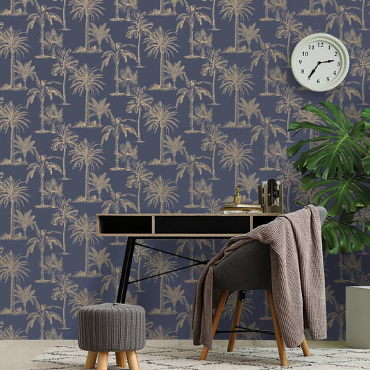 DUTCH WALLCOVERINGS Tapete Tropische Bäume Marineblau und Silbern