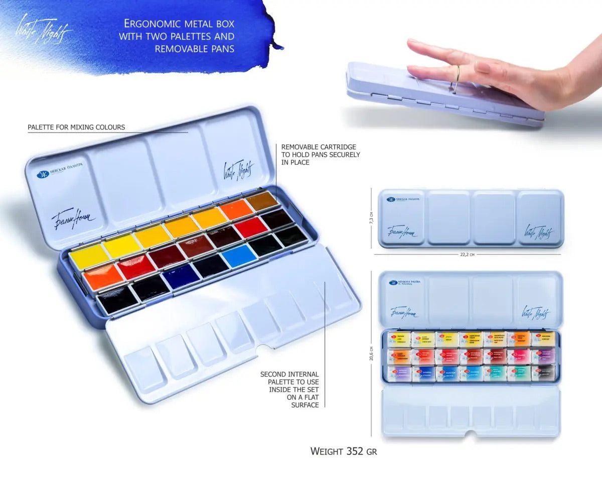 Nevskaya Palitra White Nights™ Aquarellfarbe Set Bazanova im Metallkasten 21 x 2,5 ml Näpfchen