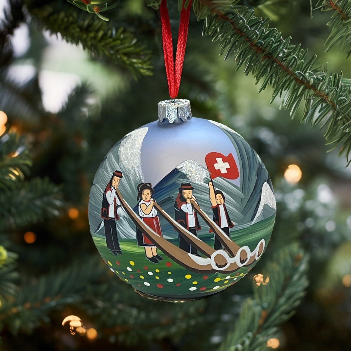 Weihnachtskugel «Alphorn Musik», handbemalt, Ø 10 cm