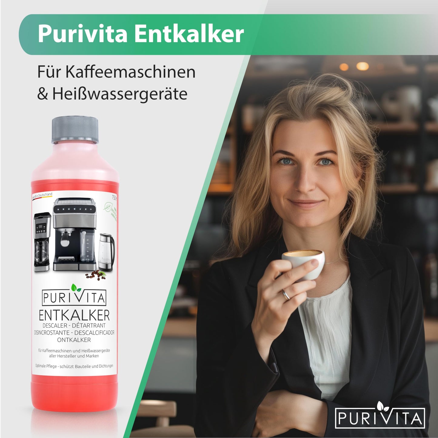 PURIVITA® Universal Entkalker Kaffeevollautomat [2x750ML] - Kaffeemaschinen Entkalker Flüssig - Flüssigentkalker Kaffeemaschine Reiniger - Kalkreiniger Kaffeevollautomaten - Für alle Kaffeeautomaten