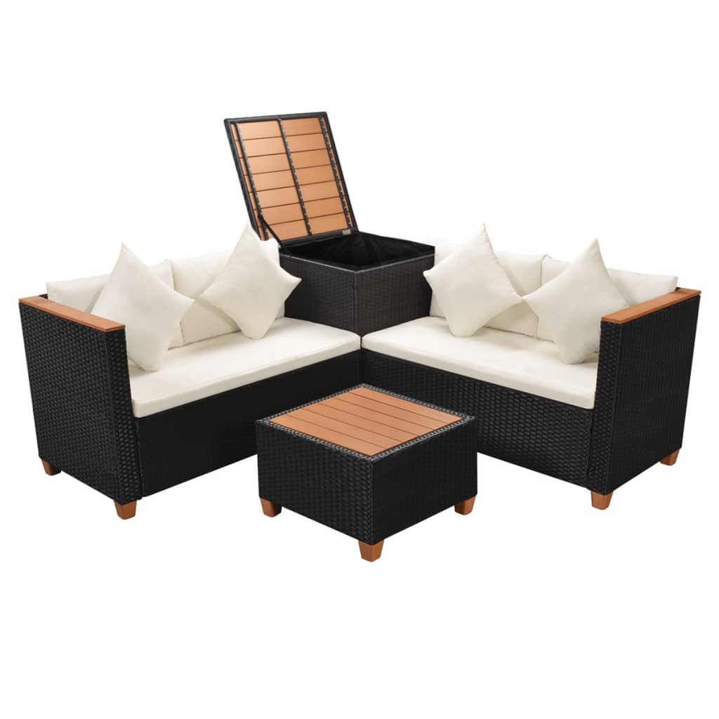 4-tlg. Garten-Lounge-Set mit Auflagen Poly Rattan Schwarz