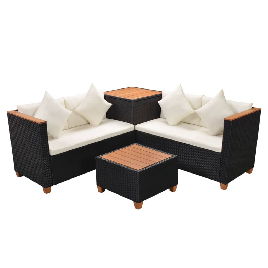 4-tlg. Garten-Lounge-Set mit Auflagen Poly Rattan Schwarz