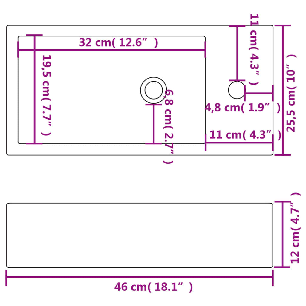 Waschbecken Rechteckig mit Hahnloch Keramik Weiß 46x25,5x12 cm