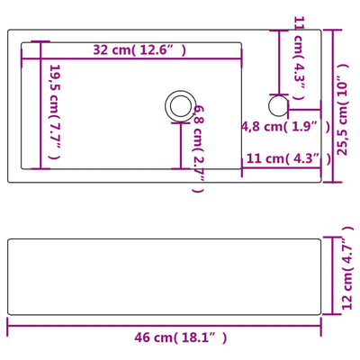 Waschbecken Rechteckig mit Hahnloch Keramik Weiß 46x25,5x12 cm