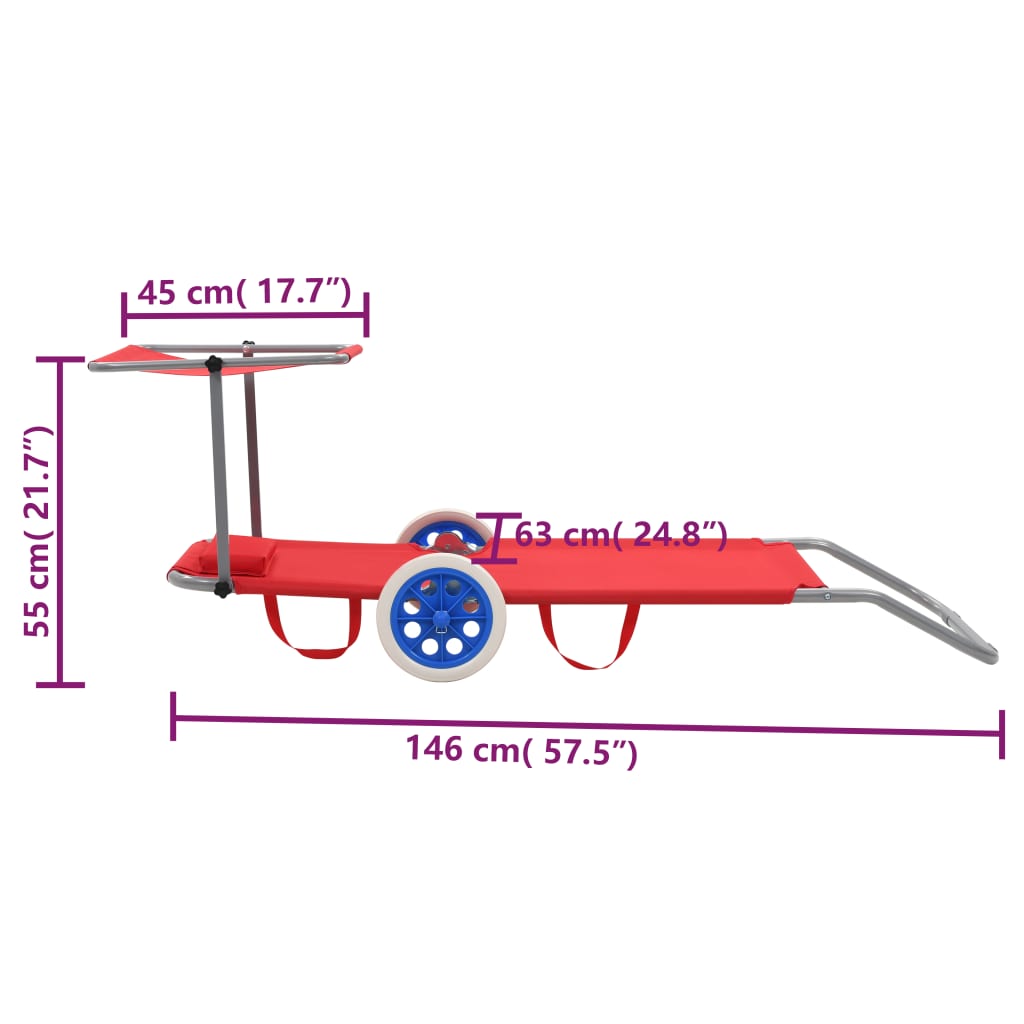 Klappliege mit Sonnenschutz und Rädern Stahl Rot