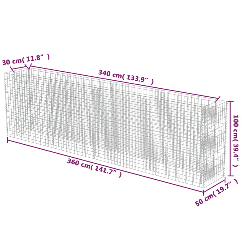 vidaXL Gabionen-Hochbeet Verzinkter Stahl 360×50×100 cm