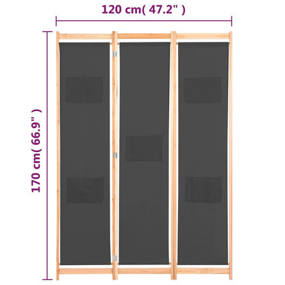 3-teiliger Raumteiler Grau 120 x 170 x 4 cm Stoff