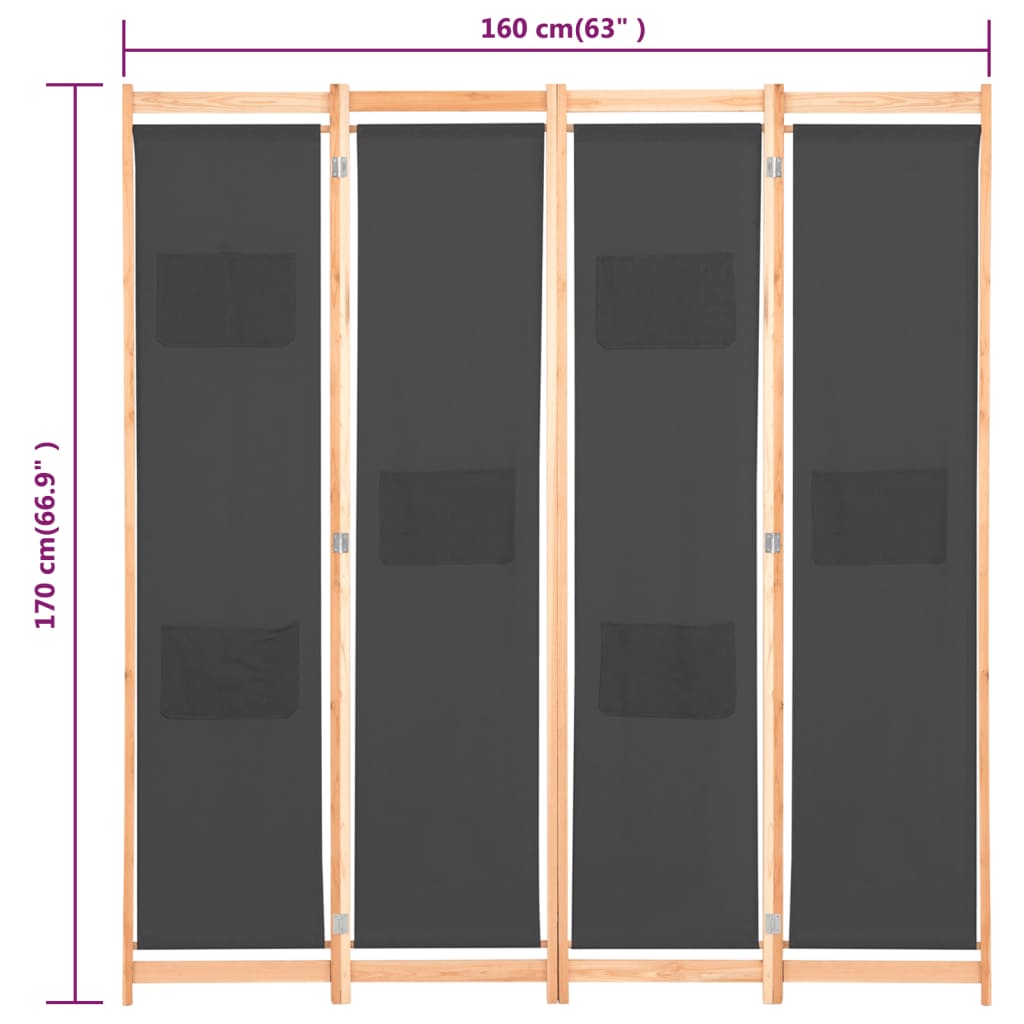 4-teiliger Raumteiler Grau 160 x 170 x 4 cm Stoff