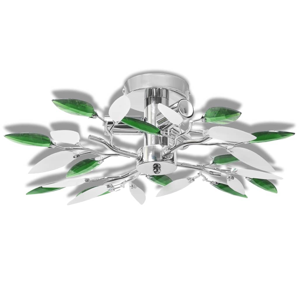 Lampada da soffitto con foglie in vetro acrilico bianco e verde, 3 lampadine E14