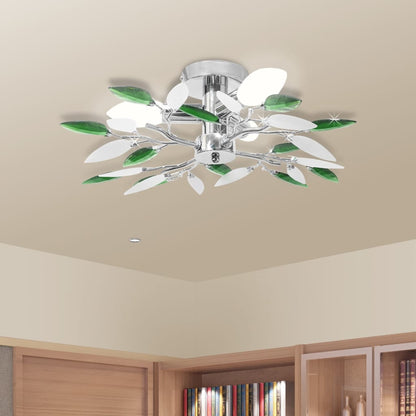 Lampada da soffitto con foglie in vetro acrilico bianco e verde, 3 lampadine E14