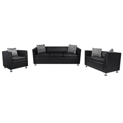 Sofa-Set Kunstleder 3-Sitzer + 2-Sitzer + Sessel Schwarz