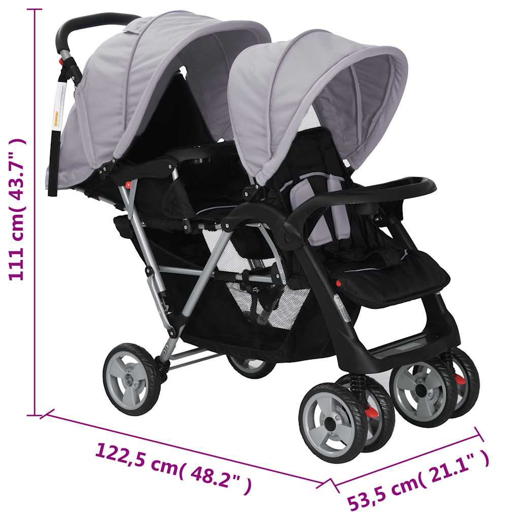 Tandem-Kinderwagen Stahl Grau und Schwarz