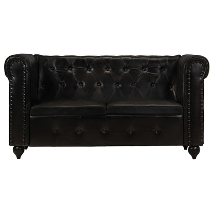 Chesterfield-Sofa 2-Sitzer Schwarz Echtleder