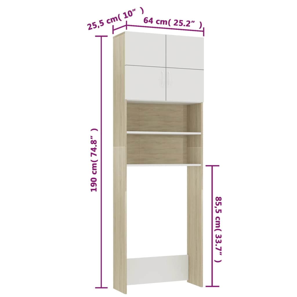 Waschmaschinenschrank Weiß Sonoma-Eiche 64x25,5x190 cm