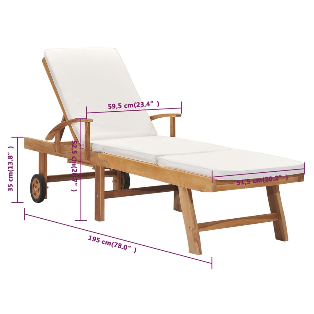 Sonnenliege mit Auflage Massivholz Teak Creme