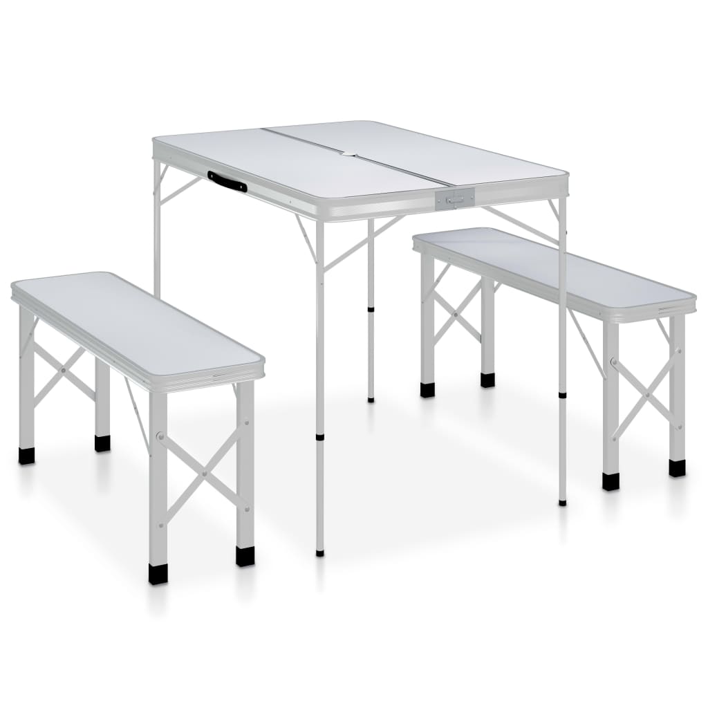Klappbarer Campingtisch mit 2 Sitzbänken Aluminium Weiß