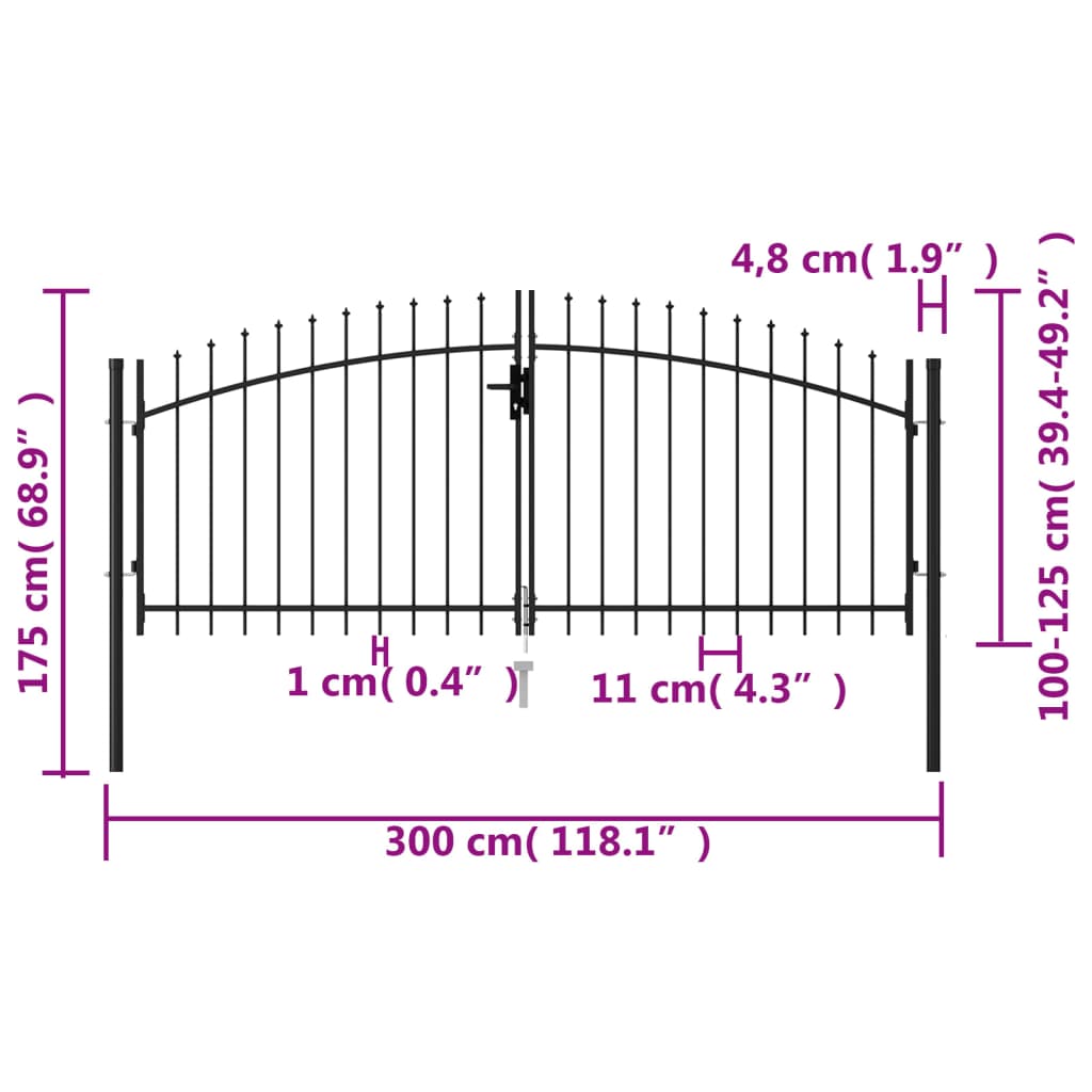 Zauntor Doppelflügel mit Speerspitzen Stahl 3 x 1,25 m Schwarz