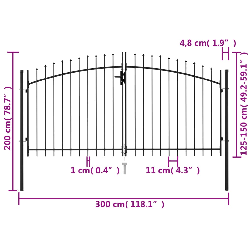 Zauntor Doppelflügel mit Speerspitzen Stahl 3 x 1,5 m Schwarz