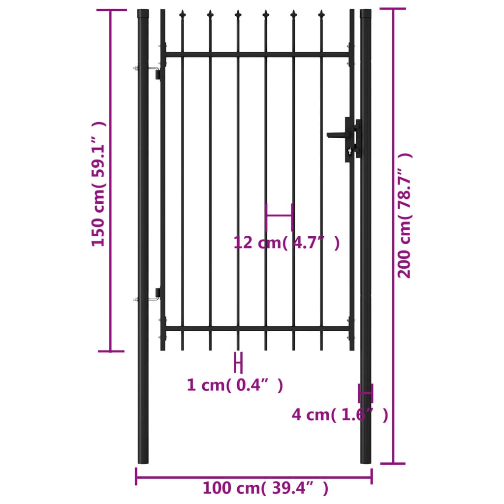 Zauntor Einzelflügel mit Speerspitzen Stahl 1 x 1,5 m Schwarz