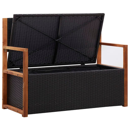 Bank mit Stauraum 115 cm Poly Rattan Massivholz Akazie Schwarz