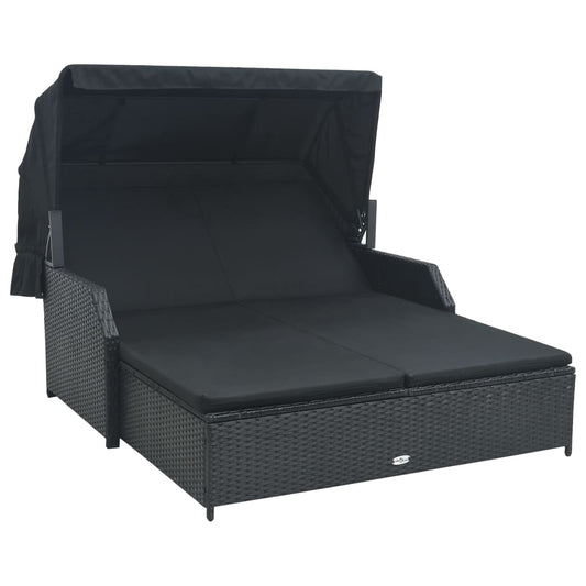 2-Personen-Sonnenliege mit Sonnendach Poly Rattan Schwarz