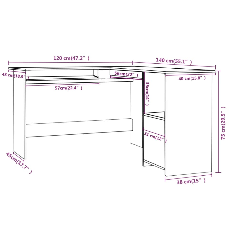 Eckschreibtisch in L-Form Betongrau 120x140x75 cm Holzwerkstoff