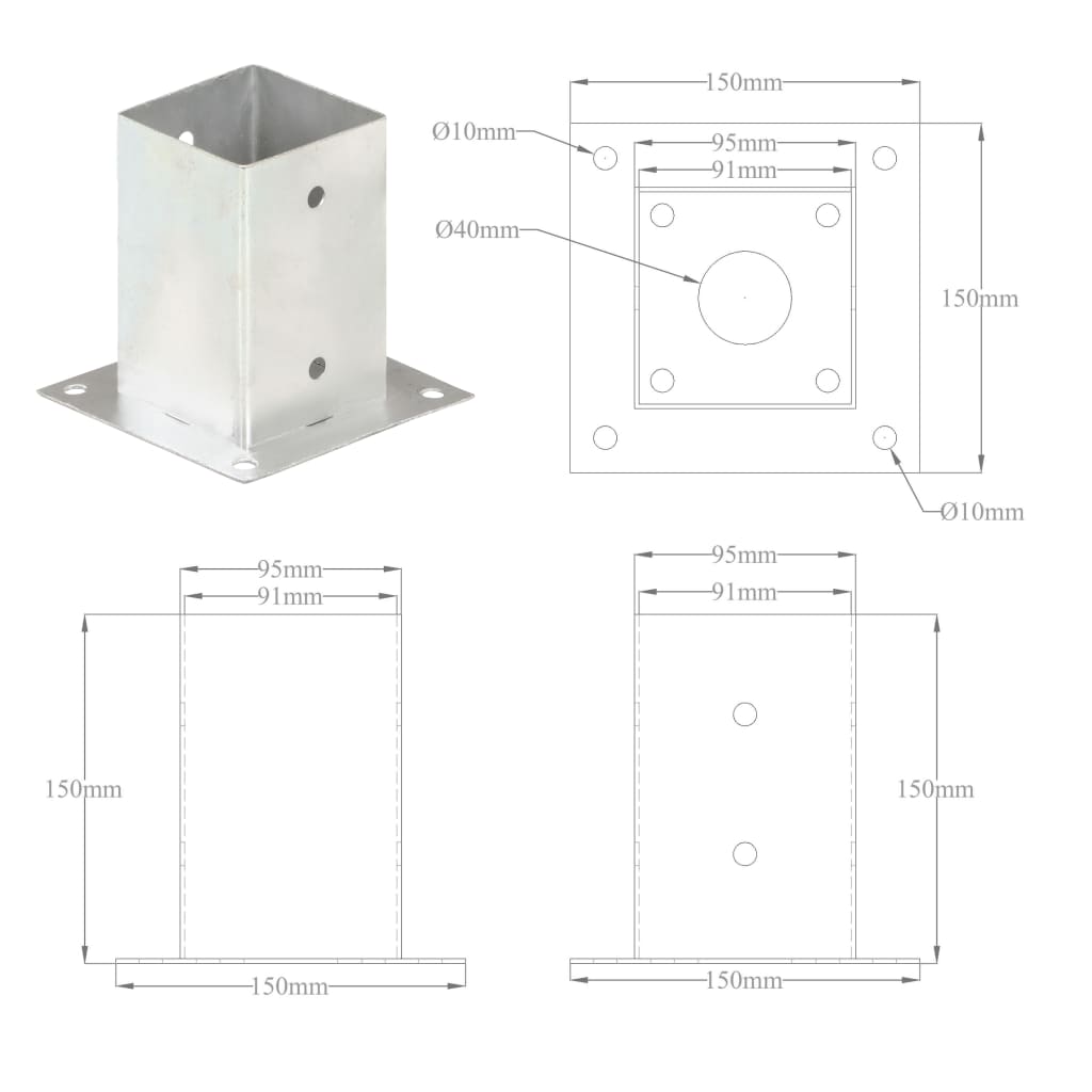 Pfostenanker 4 Stk. Verzinktes Metall 91 mm