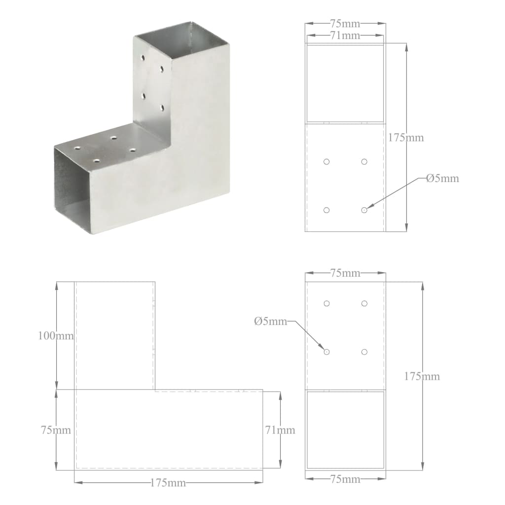 Pfostenverbinder L-Form Verzinktes Metall 71 x 71 mm