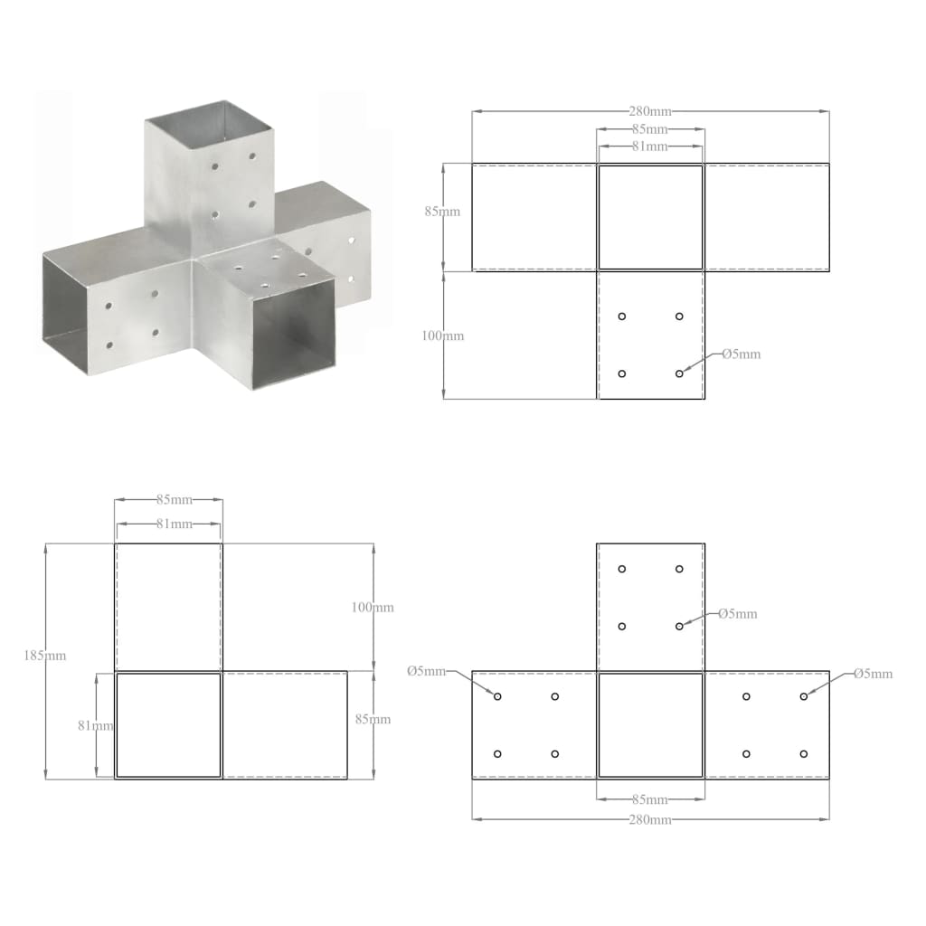 Pfostenverbinder X-Form Verzinktes Metall 81 x 81 mm