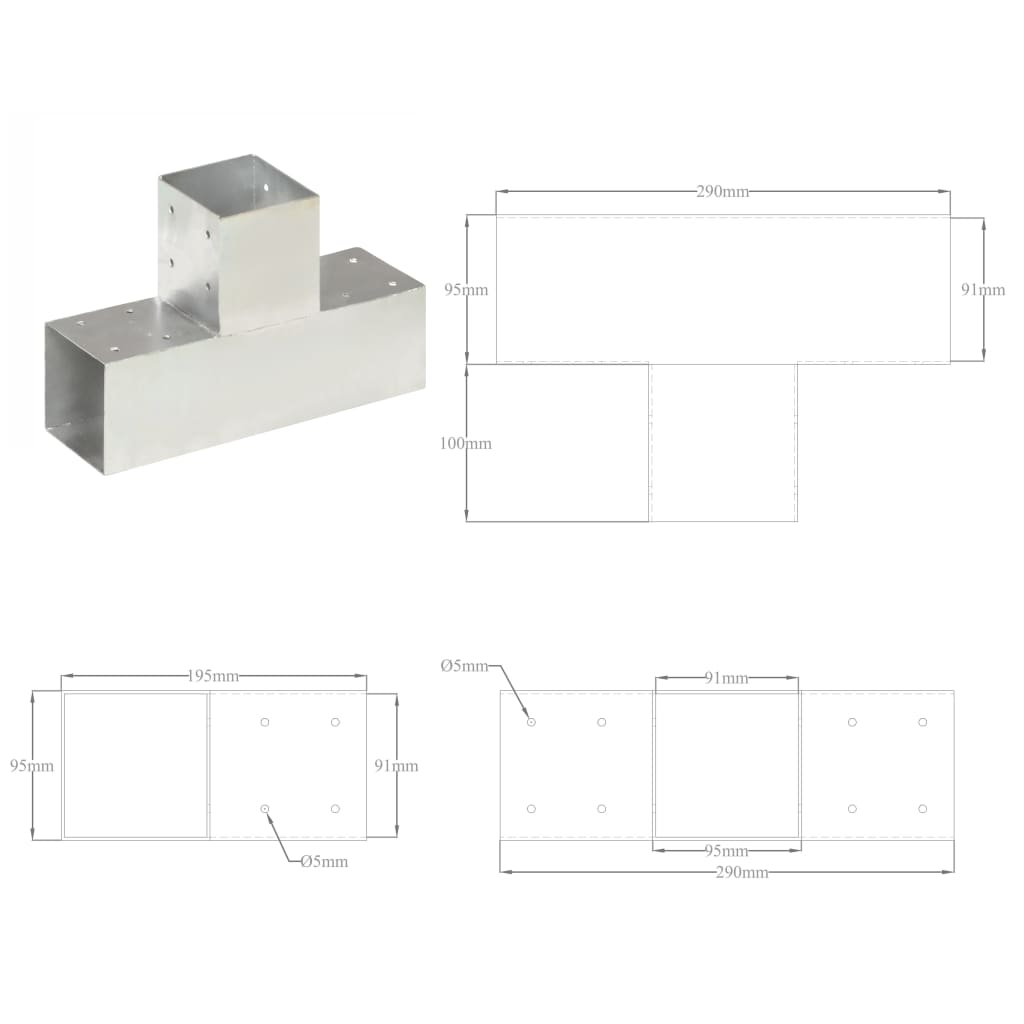 Pfostenverbinder 4 Stk. T-Form Verzinktes Metall 91 x 91 mm