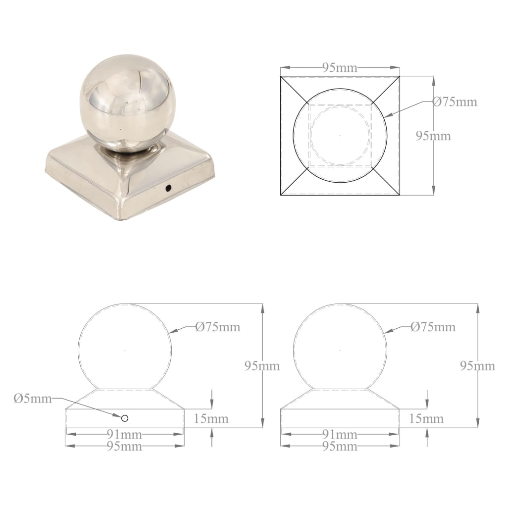 Pfostenkappen 6 Stk. Kugelform Edelstahl 81 x 81 mm