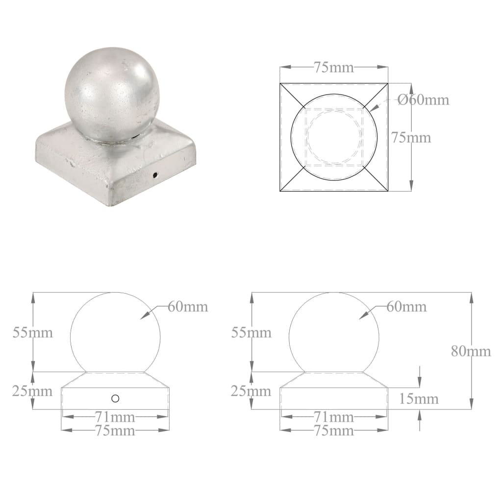 Pfostenkappen 6 Stk. Kugelform Verzinktes Metall 71 x 71 mm