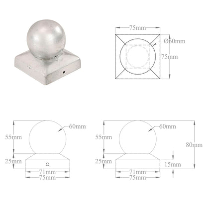 Pfostenkappen 6 Stk. Kugelform Verzinktes Metall 71 x 71 mm