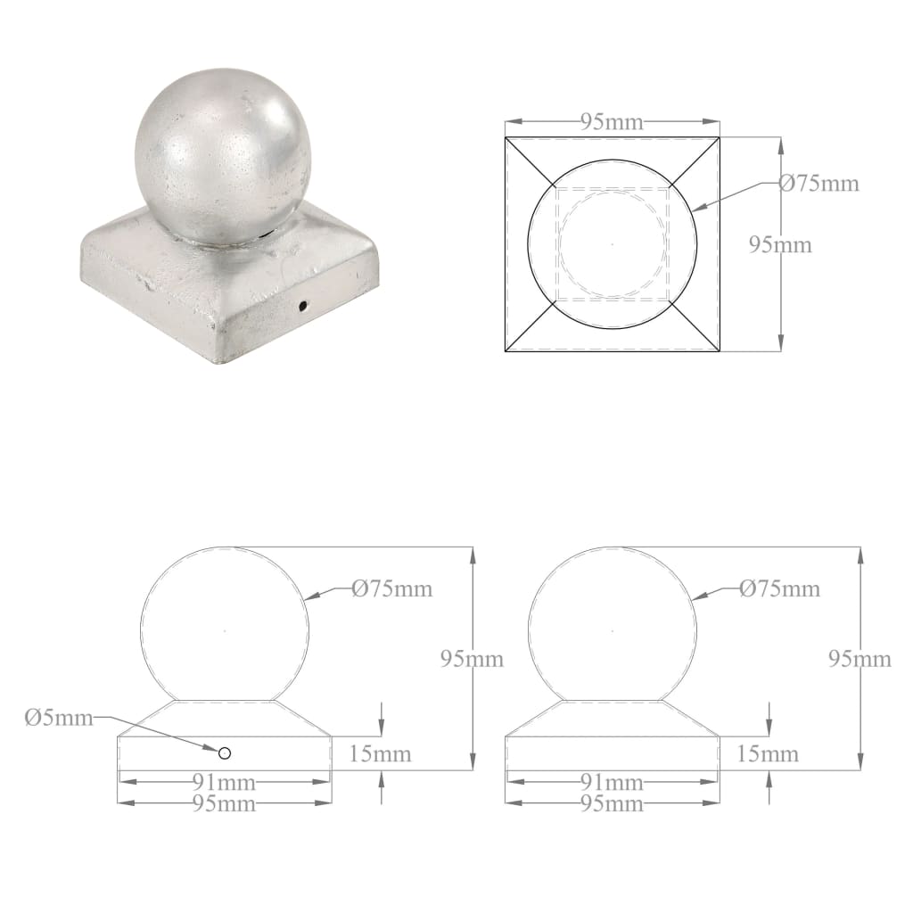 Pfostenkappen 6 Stk. Kugelform Verzinktes Metall 91 x 91 mm