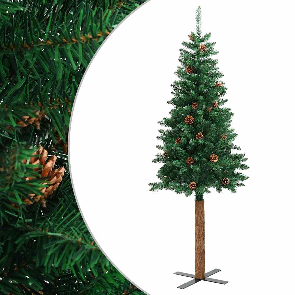 Albero di Natale sottile con vero legno e pigne, verde, 180 cm, PVC
