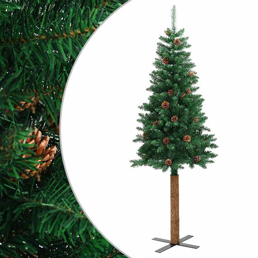 Albero di Natale sottile con vero legno e pigne, verde, 180 cm, PVC