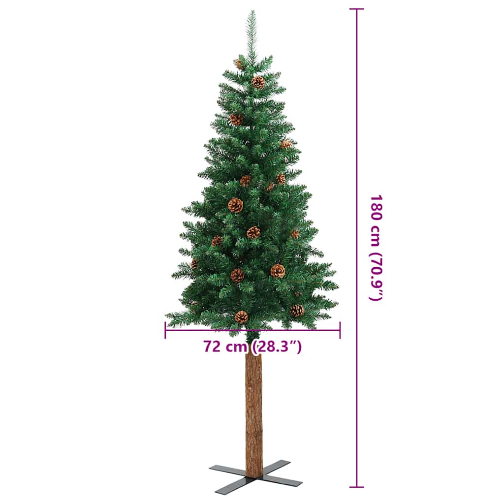 Albero di Natale sottile con vero legno e pigne, verde, 180 cm, PVC