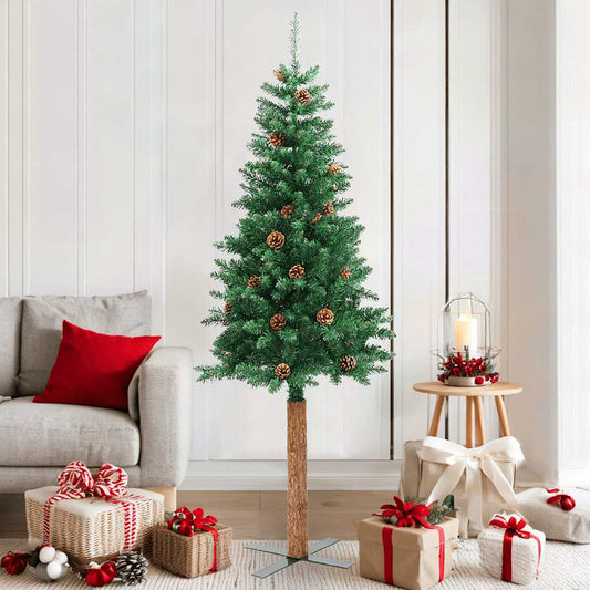 Albero di Natale sottile con vero legno e pigne, verde, 180 cm, PVC