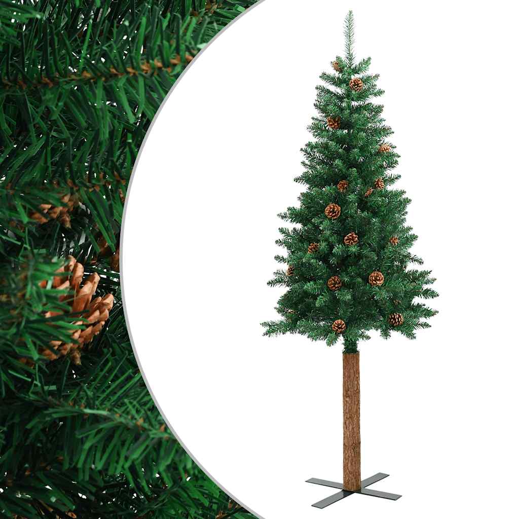 Albero di Natale sottile con vero legno e pigne, verde, 210 cm, PVC