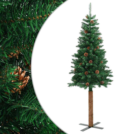 Albero di Natale sottile con vero legno e pigne, verde, 210 cm, PVC
