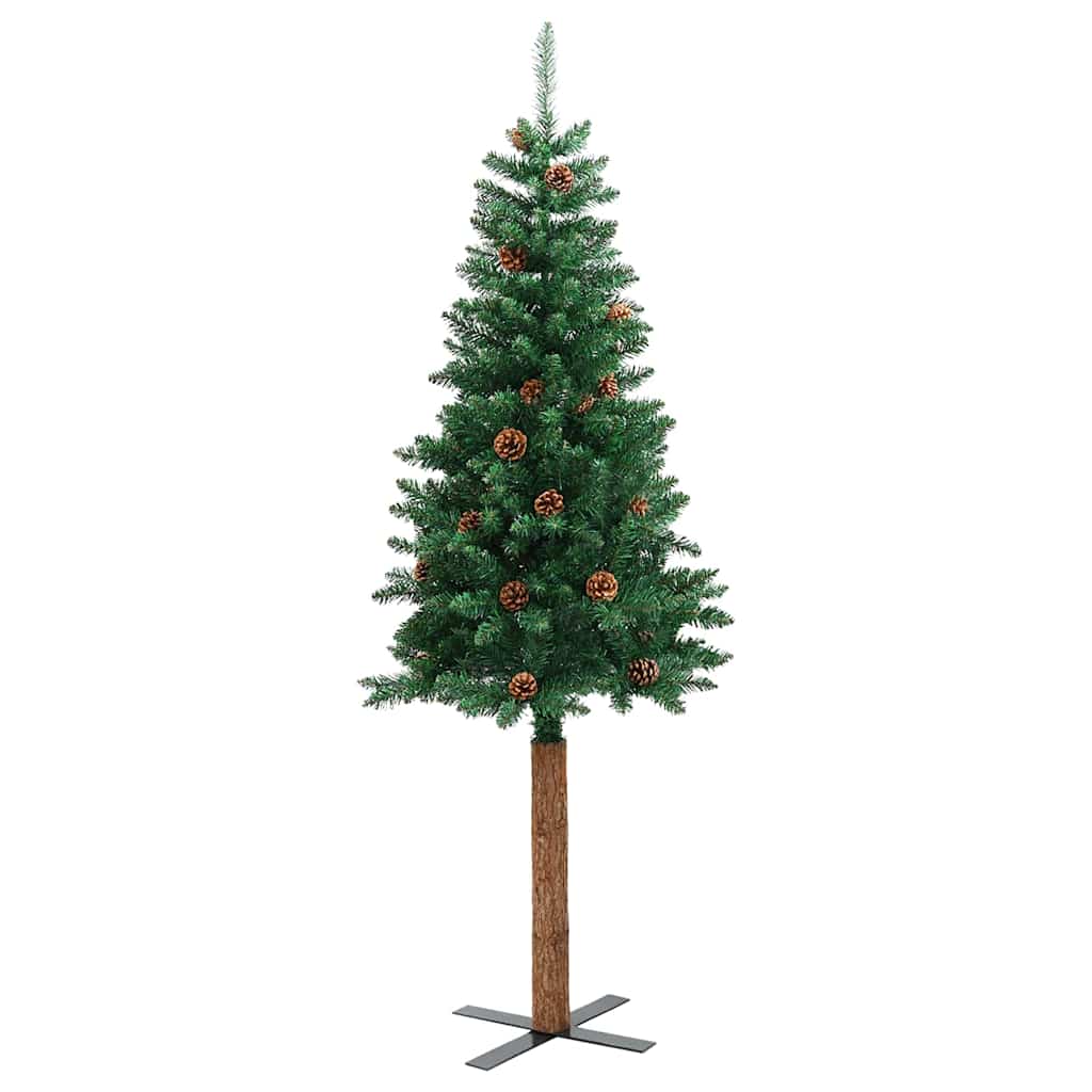 Albero di Natale sottile con vero legno e pigne, verde, 210 cm, PVC