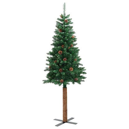 Albero di Natale sottile con vero legno e pigne, verde, 210 cm, PVC