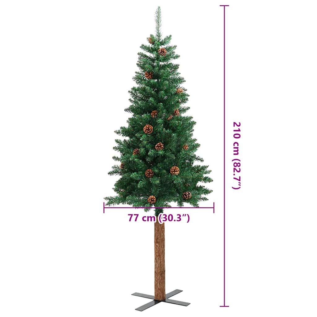 Albero di Natale sottile con vero legno e pigne, verde, 210 cm, PVC