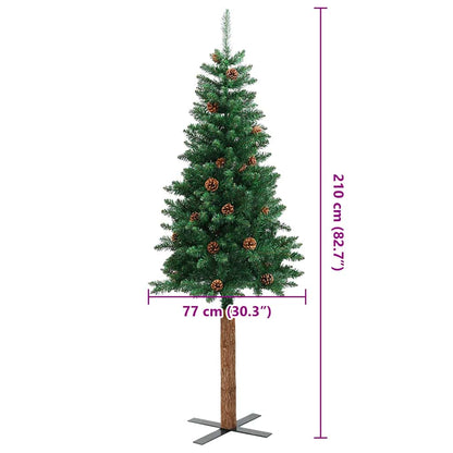 Albero di Natale sottile con vero legno e pigne, verde, 210 cm, PVC