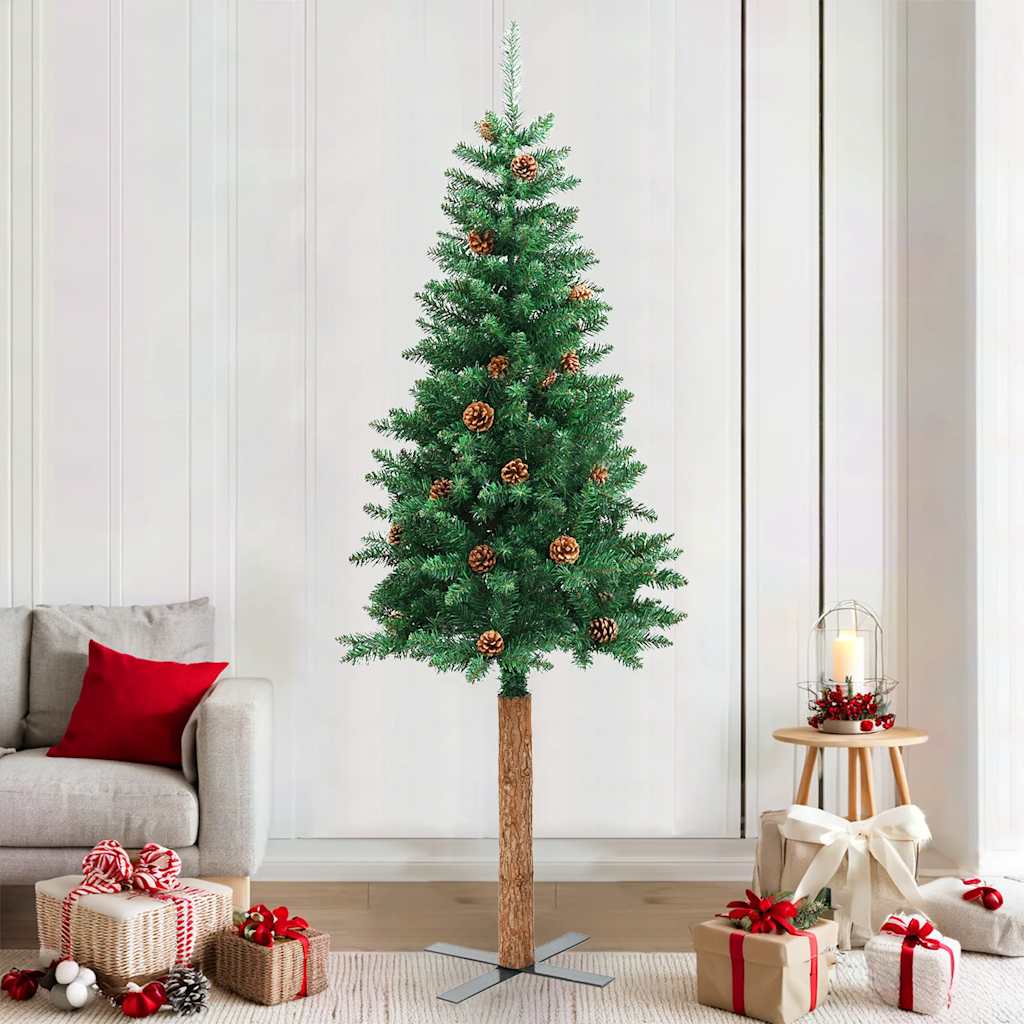 Albero di Natale sottile con vero legno e pigne, verde, 210 cm, PVC
