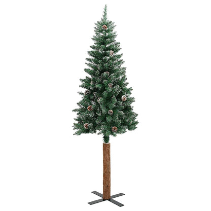 Albero di Natale sottile con vero legno e neve, verde, 180 cm