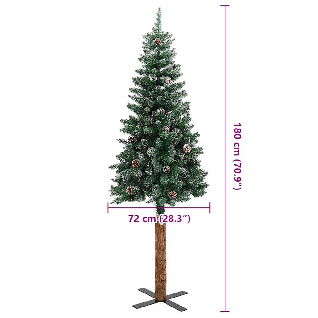 Albero di Natale sottile con vero legno e neve, verde, 180 cm