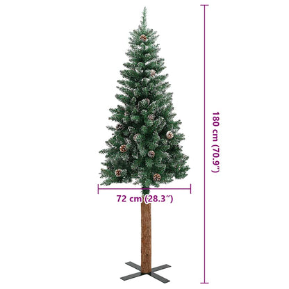 Albero di Natale sottile con vero legno e neve, verde, 180 cm