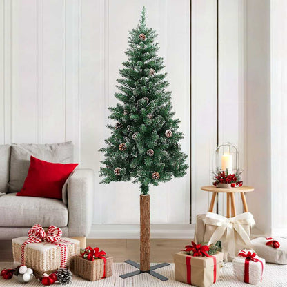 Albero di Natale sottile con vero legno e neve, verde, 180 cm
